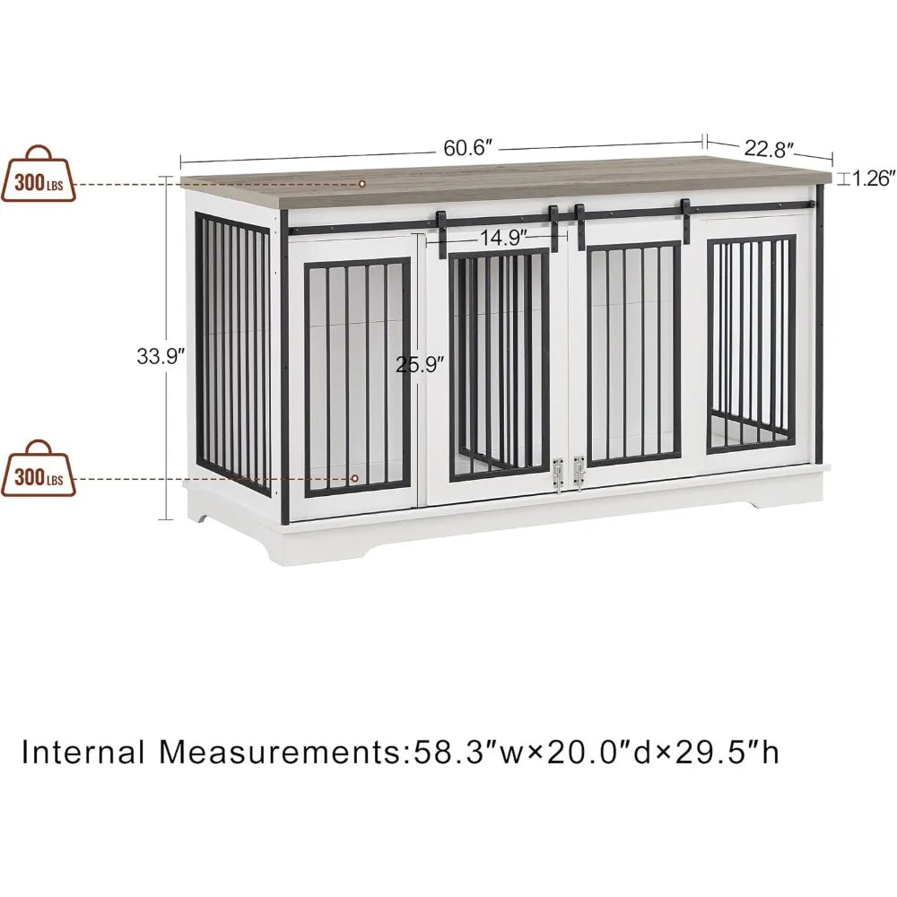 XXL Wooden Dog Crate Furniture with Sliding Barn Door, 60.6" Indoor Kennel with Divider, Modern TV Stand for Large Dog or 2 Medi