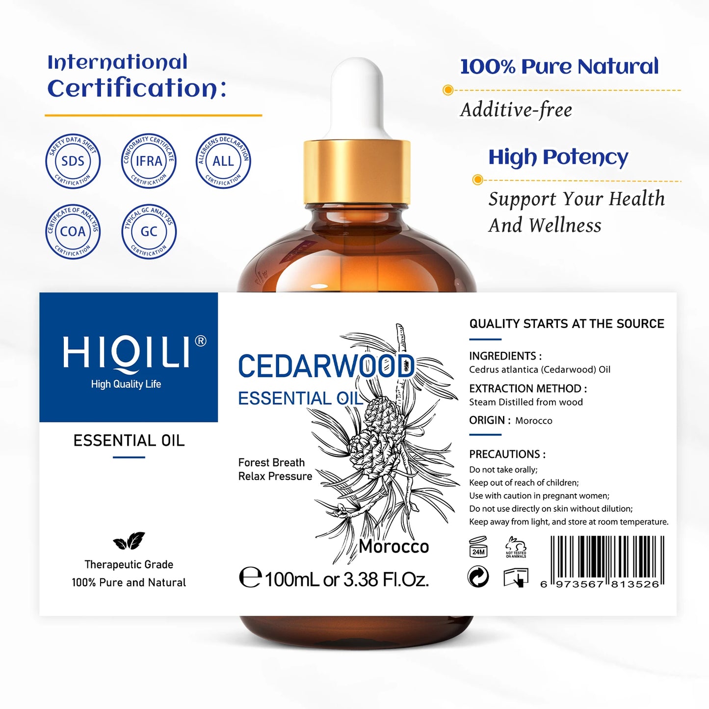 HIQILI 100ML Cedarwood Essential Oil, Pure Essential Oil for Diffuser, Humidifier, Massage, Relaxing, Relieving Stress