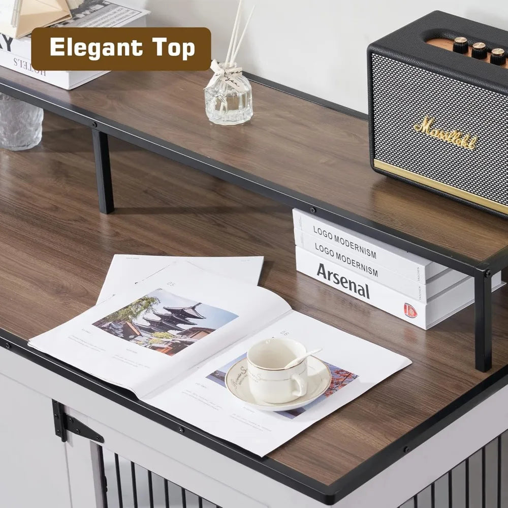 Large Dog Crate Furniture TV Stand, Wooden Pet Kennel with Double Doors, Indoor Furniture Style Dog House End Table, 1861 (Ligh