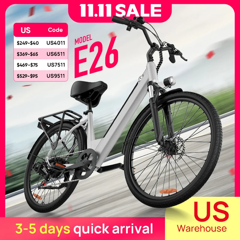 750W E-Bike Commuter 26x2" Tires 48V 10.4Ah Removable LCD Display 20MPH Speed 7-Speeds Hydraulic Disc Brakes for Adults